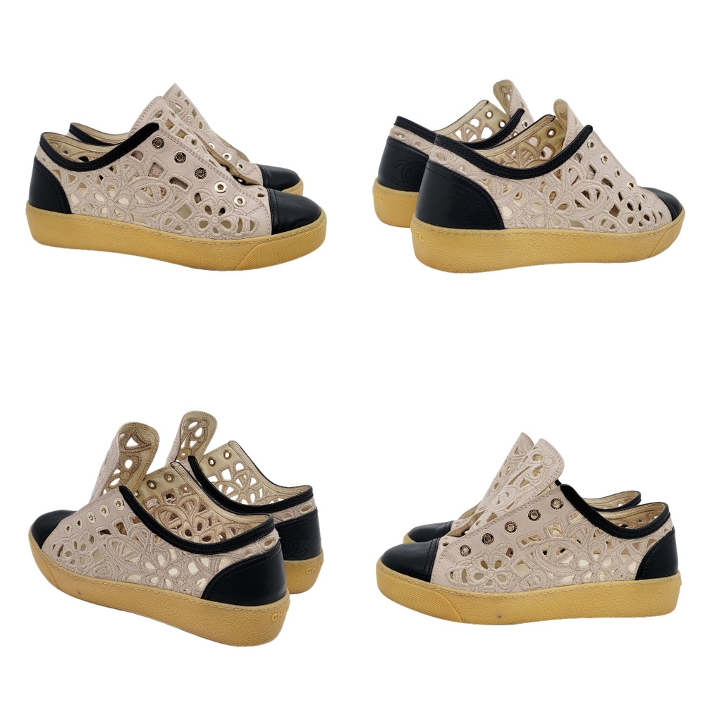 CHANEL Camellia Floral Laser Cut CC Low-Top Sneakers Cream Black 7/37 + COA - Picture 7 of 13